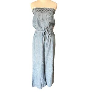FREE PEOPLE SZ S Living Easy Strapless Wide Leg Hemp Chambray Jumpsuit Romper
